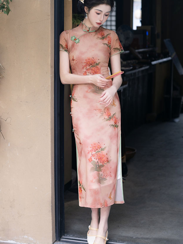 2025 Pink Floral Print Cheongsam Qipao Dress