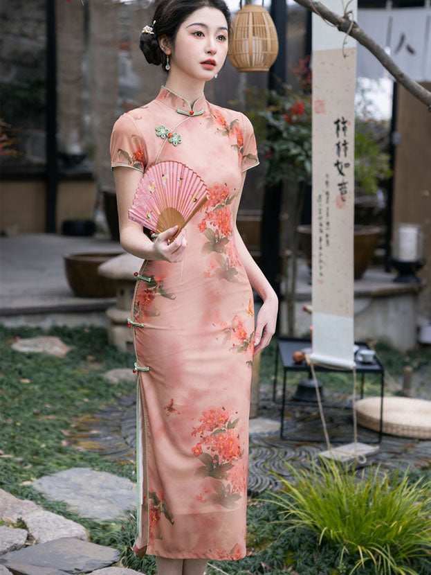 2025 Pink Floral Print Cheongsam Qipao Dress
