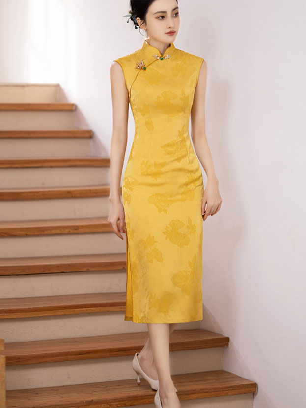 2025 Yellow Green Jacquard Floral Cheongsam Qipao Dress