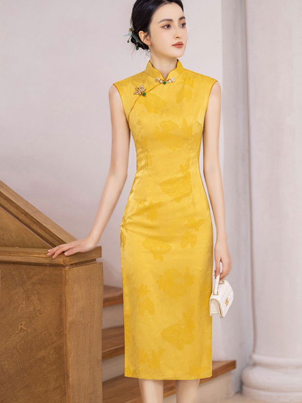 2025 Yellow Green Jacquard Floral Cheongsam Qipao Dress