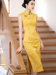 2025 Yellow Green Jacquard Floral Cheongsam Qipao Dress