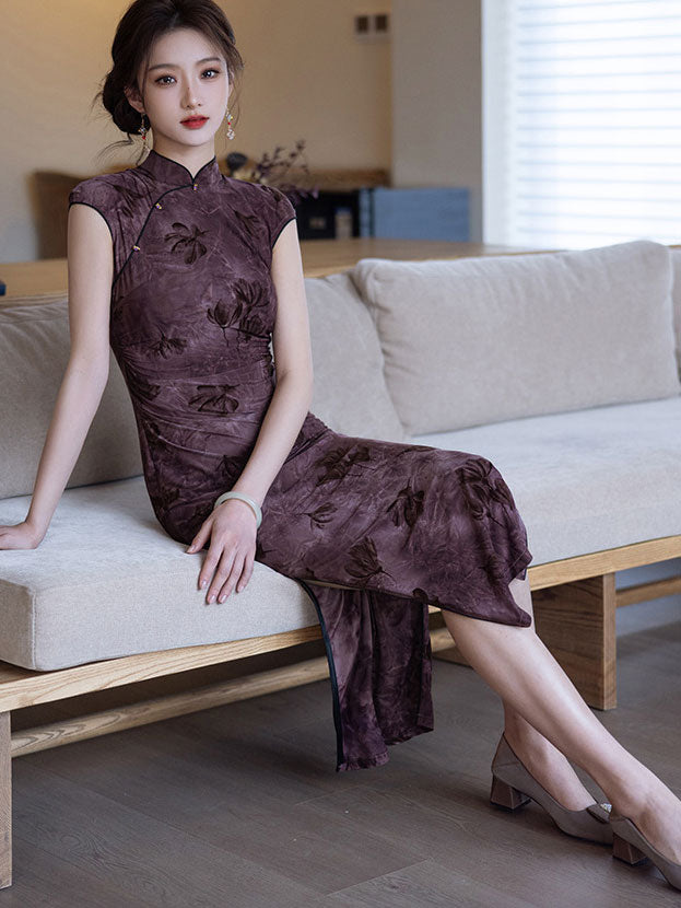 Purple Floral Print Cheongsam Qipao Dress