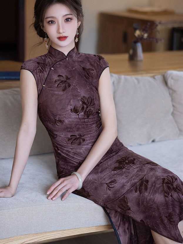 Purple Floral Print Cheongsam Qipao Dress