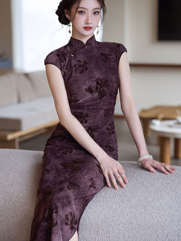 Purple Floral Print Cheongsam Qipao Dress