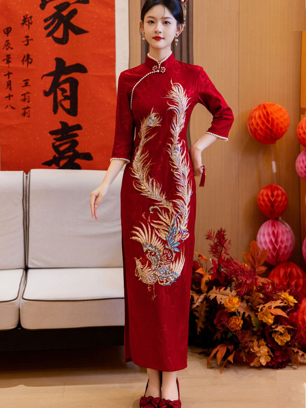 Red Beads Phoenix Wedding Bridal Cheongsam Qipao Dress