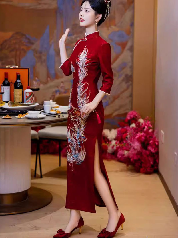 Red Beads Phoenix Wedding Bridal Cheongsam Qipao Dress