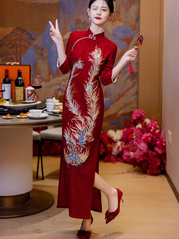 Red Beads Phoenix Wedding Bridal Cheongsam Qipao Dress