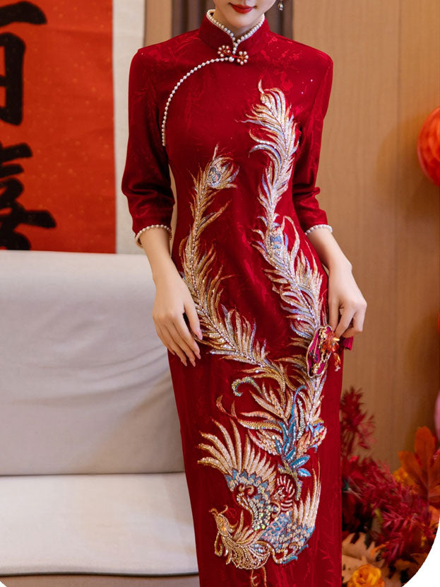 Red Beads Phoenix Wedding Bridal Cheongsam Qipao Dress