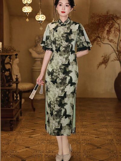 Butterfly Print Flutter Sleeve Cheongsam Qipao Dress