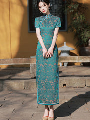 Green Jacquard Floral Maxi Cheongsam Qipao Dress