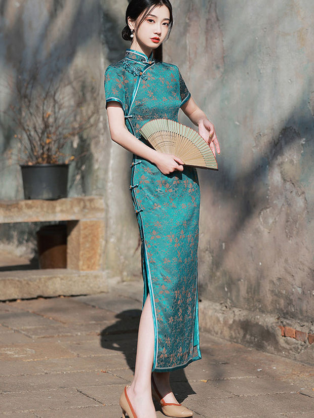 Green Jacquard Floral Maxi Cheongsam Qipao Dress