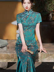 Green Jacquard Floral Maxi Cheongsam Qipao Dress