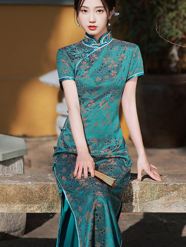 Green Jacquard Floral Maxi Cheongsam Qipao Dress