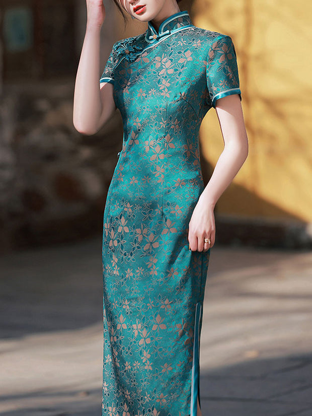 Green Jacquard Floral Maxi Cheongsam Qipao Dress