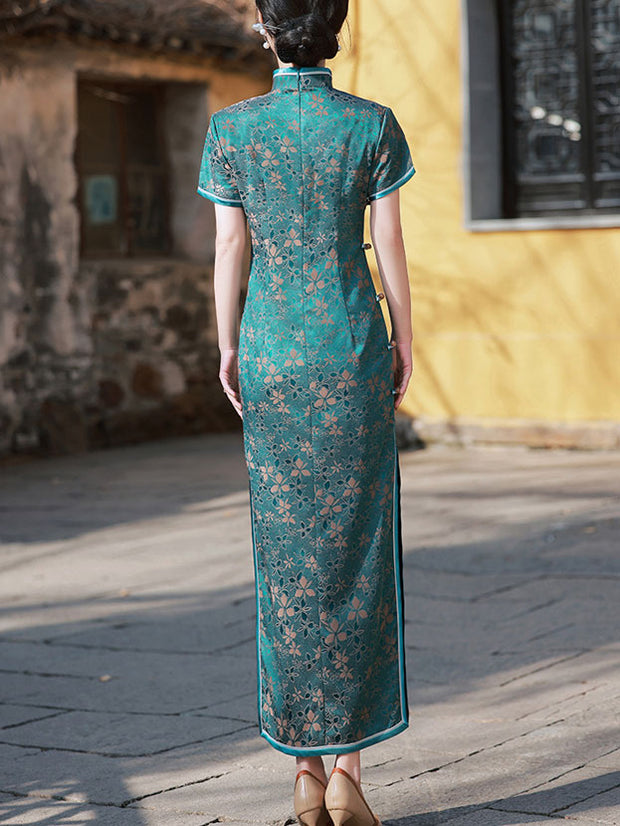 Green Jacquard Floral Maxi Cheongsam Qipao Dress