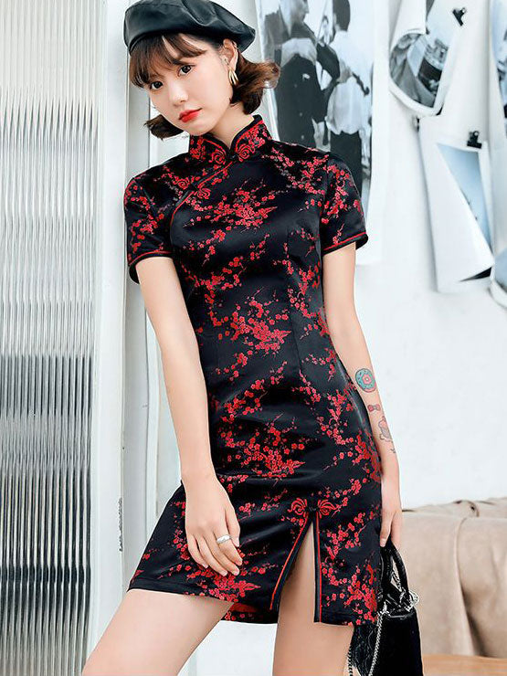 Jacquard Floral Short Cheongsam Qipao Dress