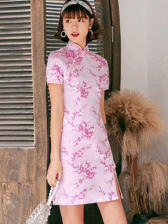 Jacquard Floral Short Cheongsam Qipao Dress