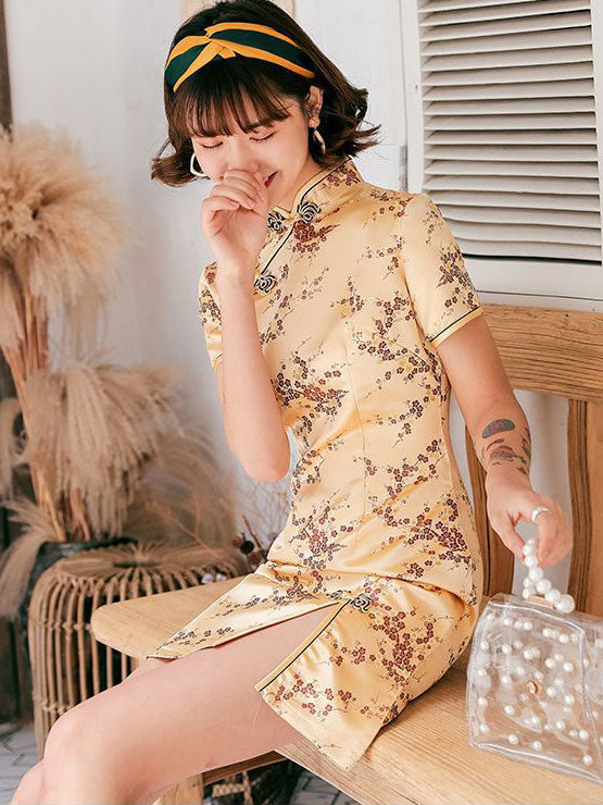 Jacquard Floral Short Cheongsam Qipao Dress