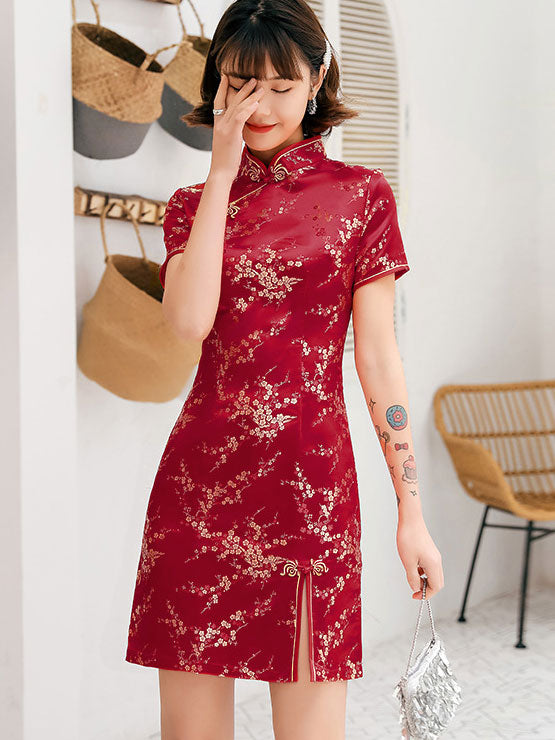 Jacquard Floral Short Cheongsam Qipao Dress