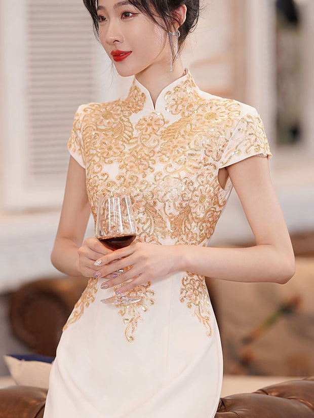 White Appliques Thigh Split Fishtail Cheongsam Qipao Dress