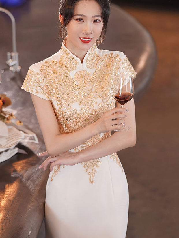 White Appliques Thigh Split Fishtail Cheongsam Qipao Dress
