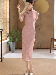 2025 Pink Floral Midi Cheongsam Qipao Dress