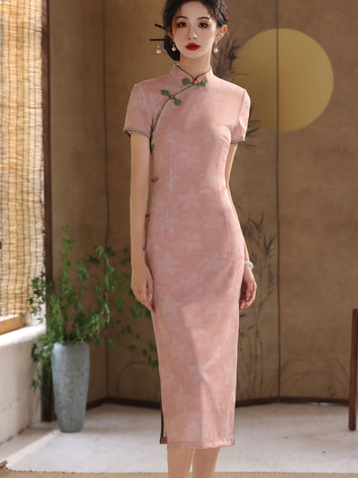 2025 Pink Floral Midi Cheongsam Qipao Dress