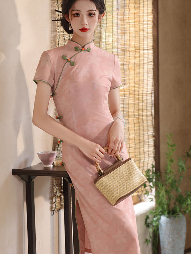 2025 Pink Floral Midi Cheongsam Qipao Dress