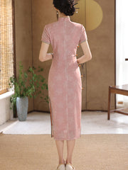 2025 Pink Floral Midi Cheongsam Qipao Dress