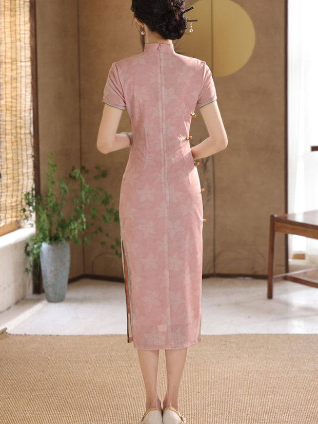 2025 Pink Floral Midi Cheongsam Qipao Dress