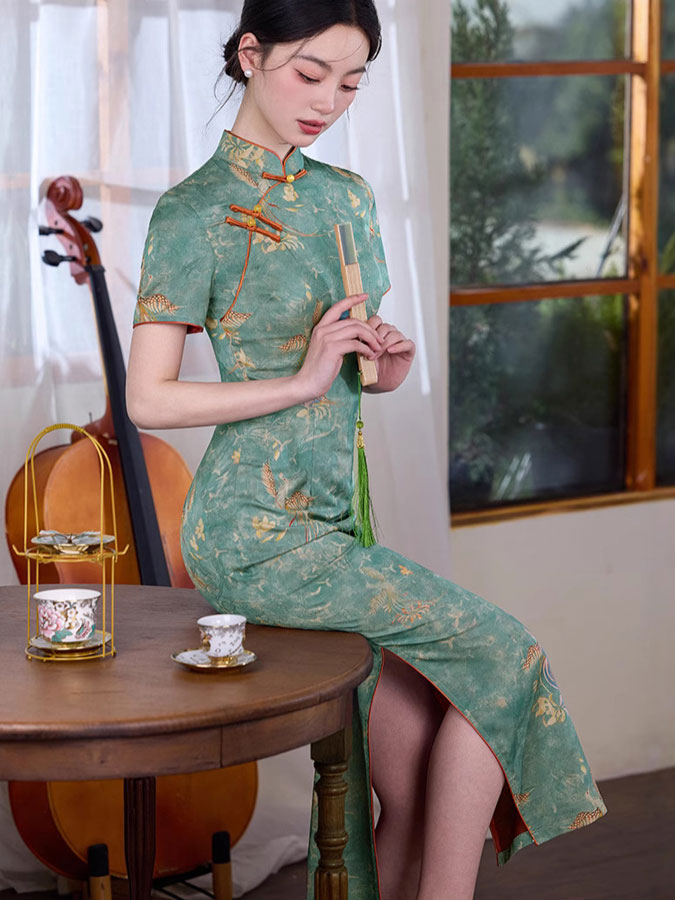 2025 Green Phoenix Print Cheongsam Qipao Dress