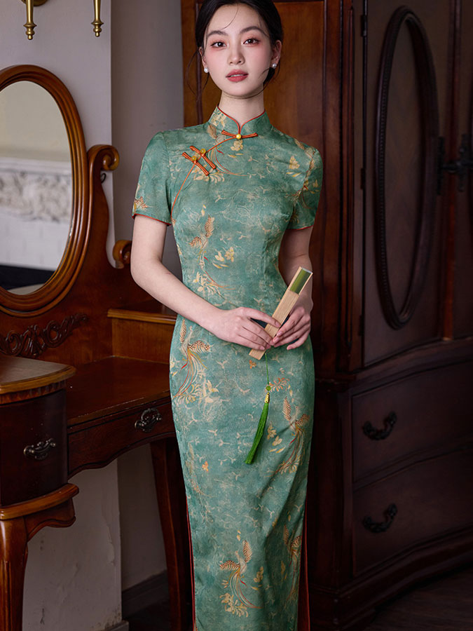 2025 Green Phoenix Print Cheongsam Qipao Dress