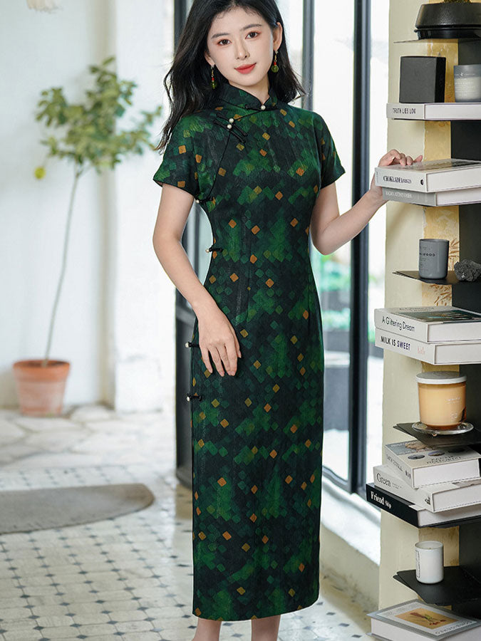 2025 Green Plaid Cheongsam Qipao Dress