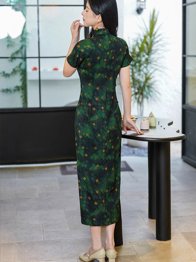 2025 Green Plaid Cheongsam Qipao Dress