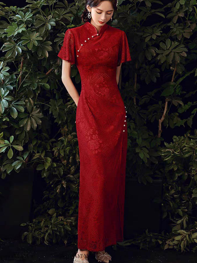 Burgundy Lace Flutter Sleeve Split Qipao Cheongsam Dress