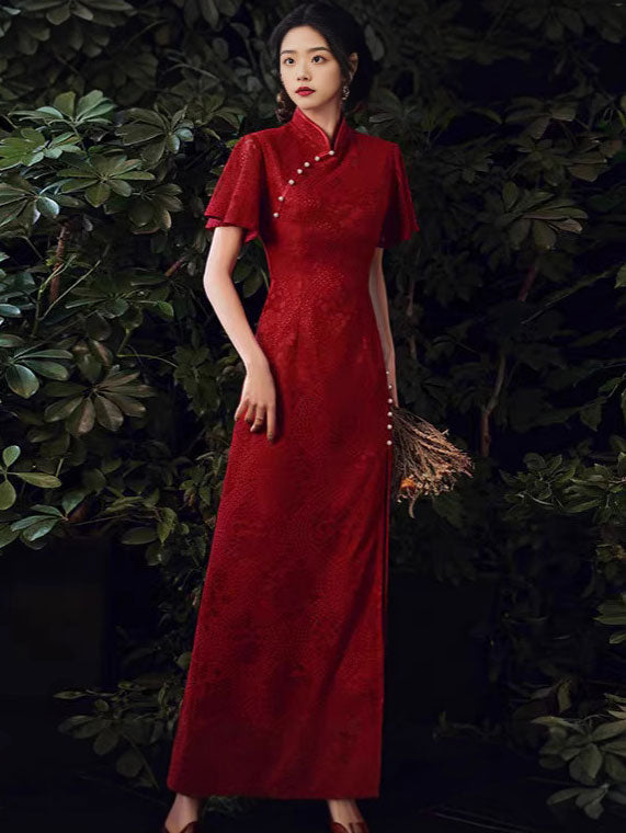 Burgundy Lace Flutter Sleeve Split Qipao Cheongsam Dress