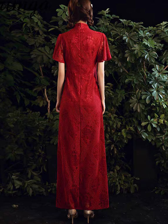 Burgundy Lace Flutter Sleeve Split Qipao Cheongsam Dress