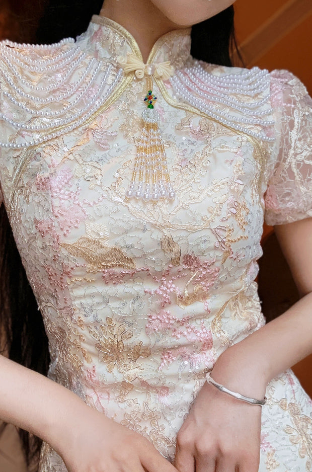 Pink Floral Lace Midi Engagement Cheongsam Qipao Dress