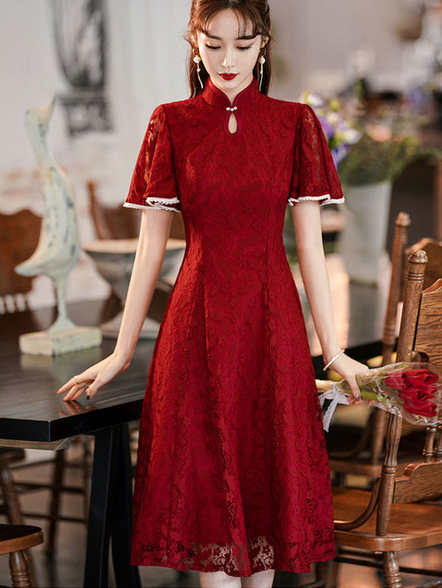 Burgundy Lace Flutter Sleeve A-line Cheongsam Qipao Dress