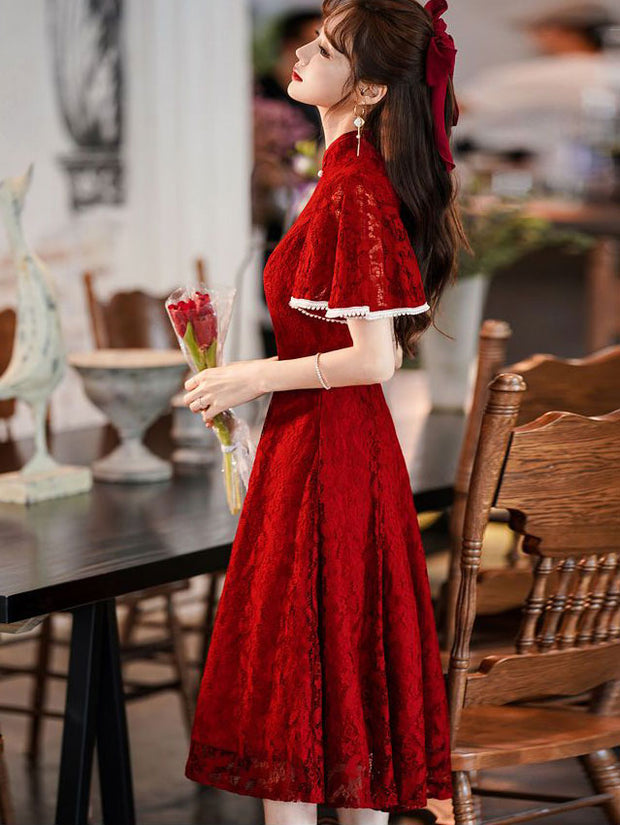 Burgundy Lace Flutter Sleeve A-line Cheongsam Qipao Dress