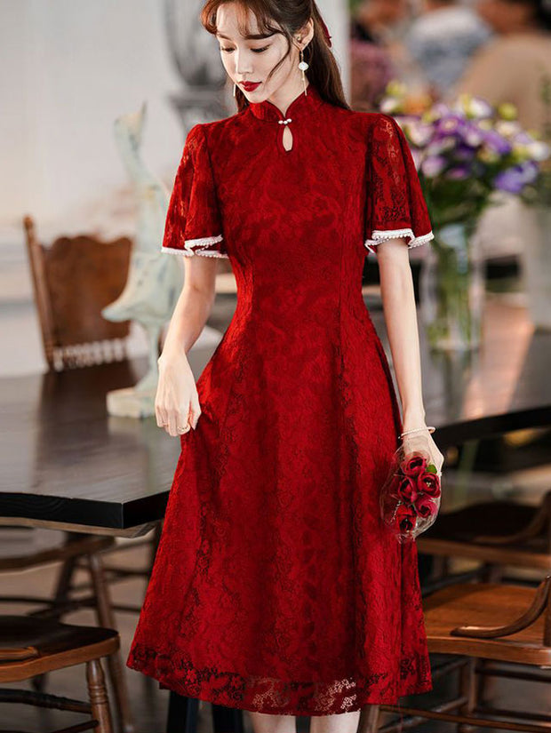Burgundy Lace Flutter Sleeve A-line Cheongsam Qipao Dress