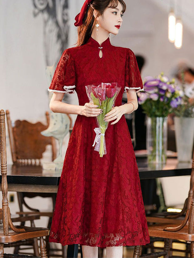 Burgundy Lace Flutter Sleeve A-line Cheongsam Qipao Dress
