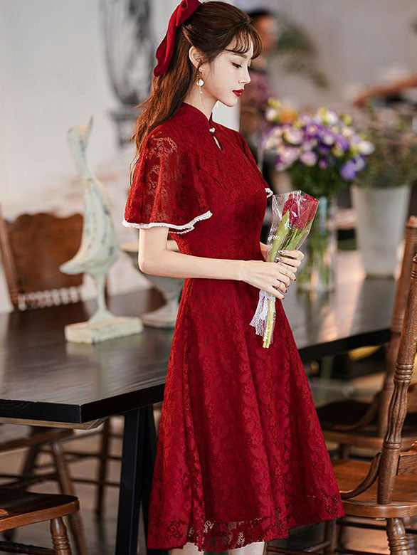 Burgundy Lace Flutter Sleeve A-line Cheongsam Qipao Dress