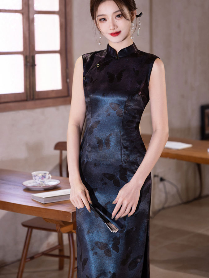 Blue Butterfly Sleeveless Cheongsam Qipao Dress