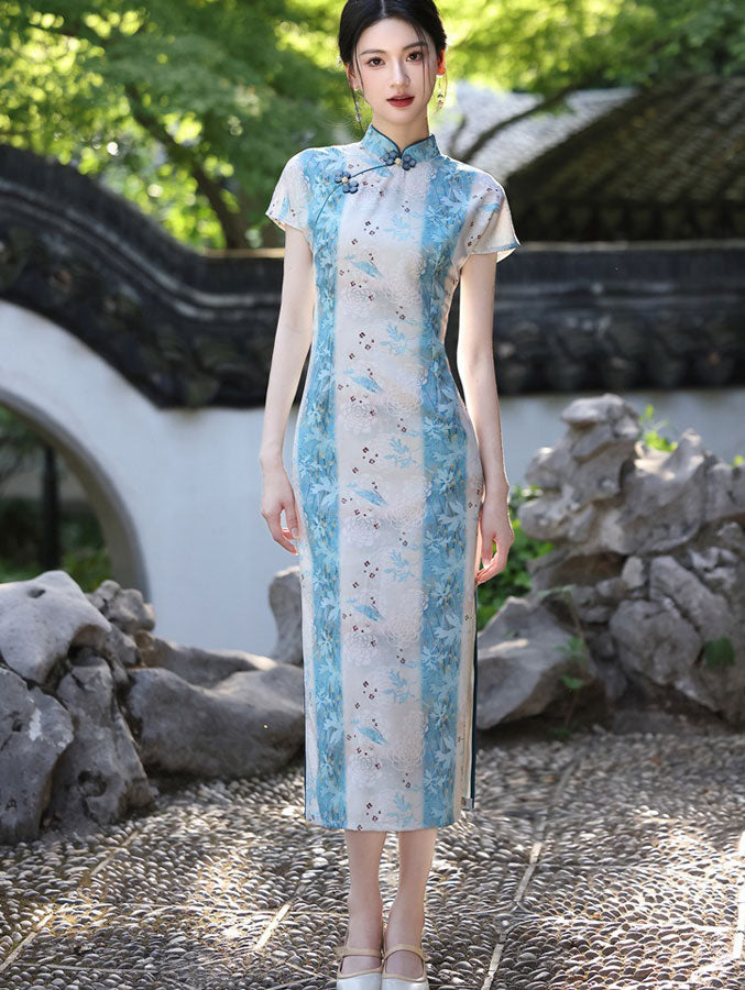Blue Floral Tencel Linen Cheongsam Qipao Dress