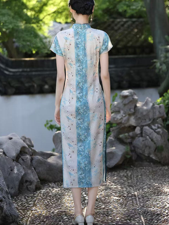 Blue Floral Tencel Linen Cheongsam Qipao Dress