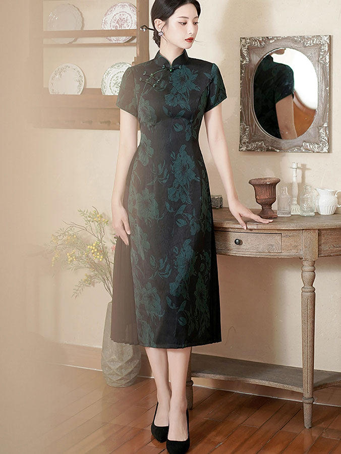 Green Red Mothers Floral A-Line Cheongsam Qipao Dress