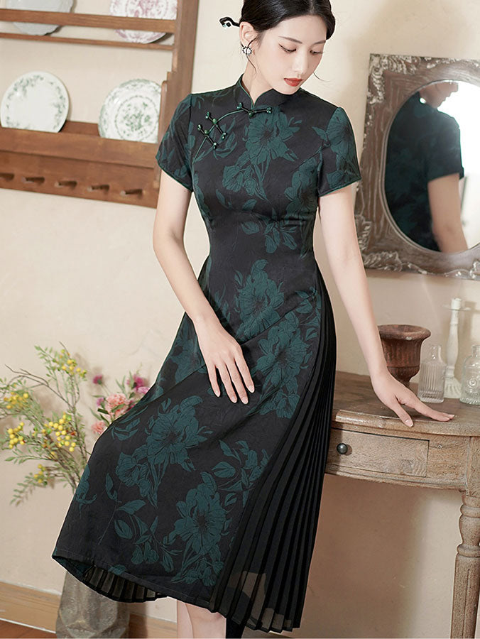 Green Red Mothers Floral A-Line Cheongsam Qipao Dress