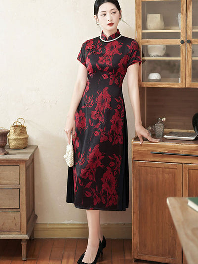 Green Red Mothers Floral A-Line Cheongsam Qipao Dress