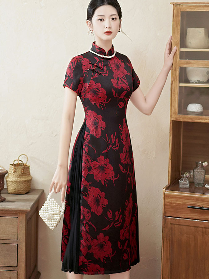 Green Red Mothers Floral A-Line Cheongsam Qipao Dress